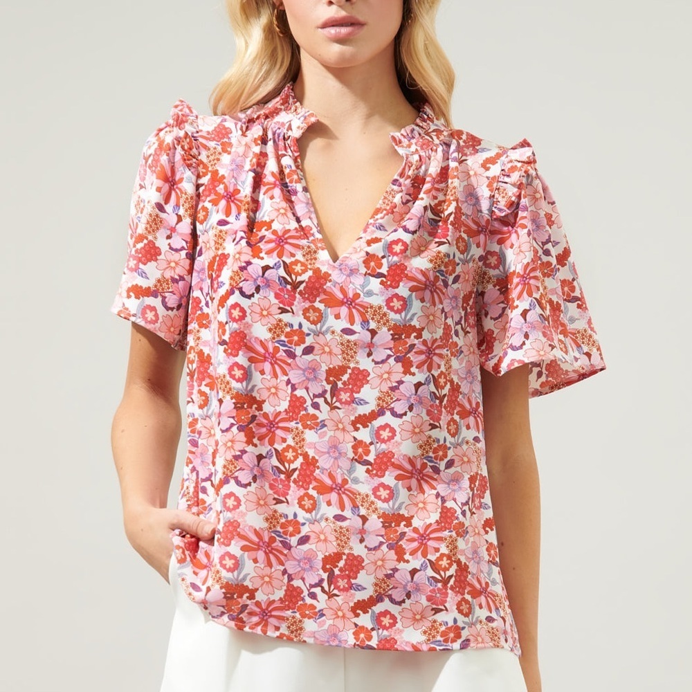 Sugarlips Huckleberry Floral Mei Split Neck Poplin Top Size XL